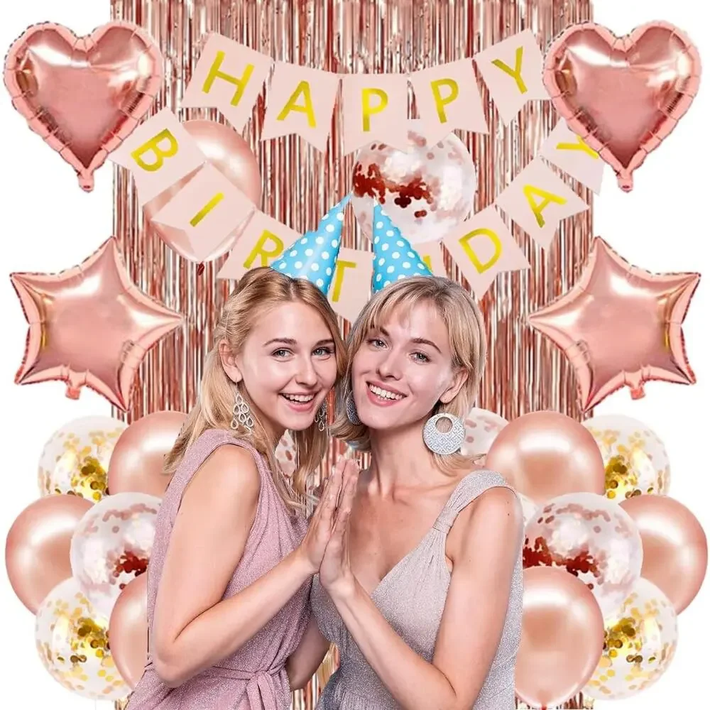 Rose Gold Birthday Party Decorations, Banner, Fringe Curtain, Confetti Balloons